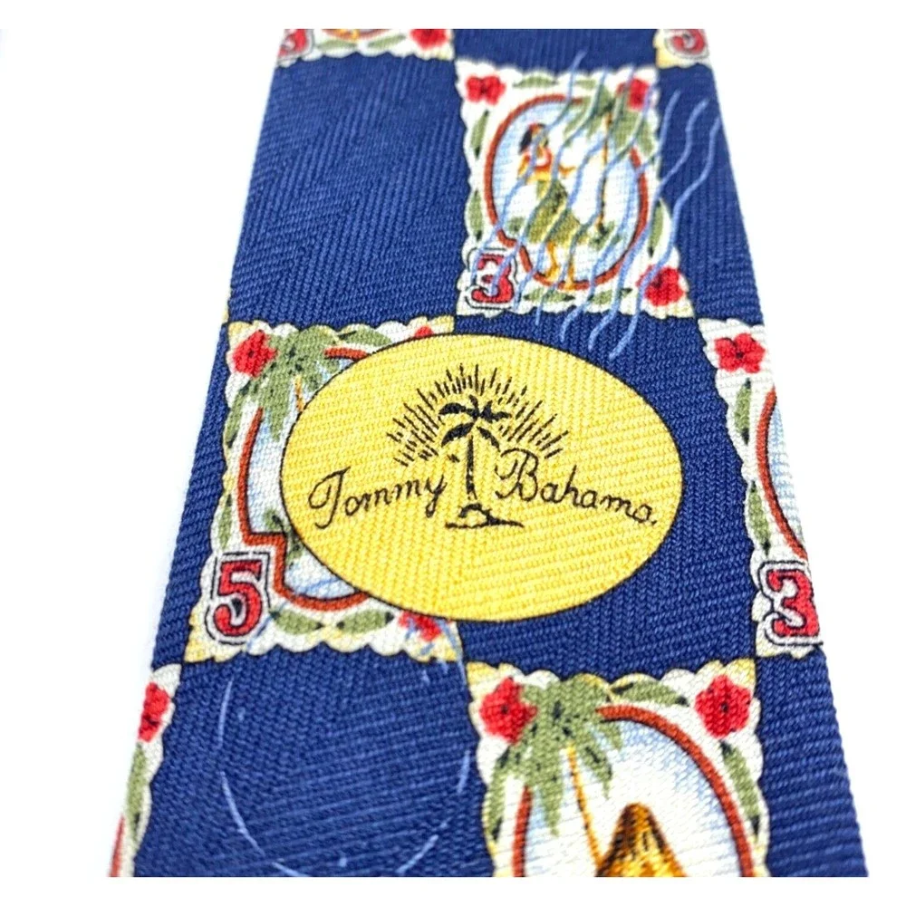 Tommy Bahama Aloha Hawaiian Hula Girl Mail Stamps Tiki Palm Trees Silk Necktie